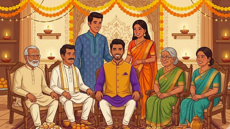 Confident Indian son-in-law as an integral part of a supportive joint family system illustration