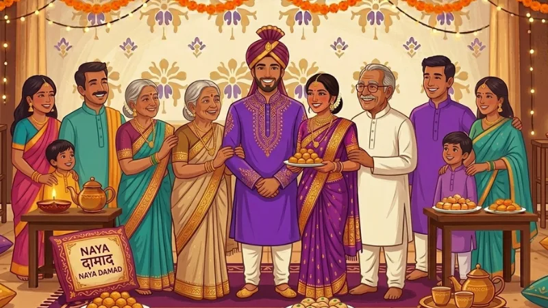 Happy Indian joint family welcoming a new son-in-law in a traditional home illustration