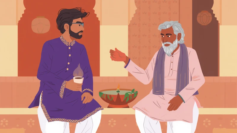 New Indian son-in-law listening respectfully to father-in-law during a family discussion illustration