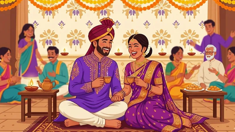 Young Indian couple sharing a happy moment with family members in a traditional setting illustration