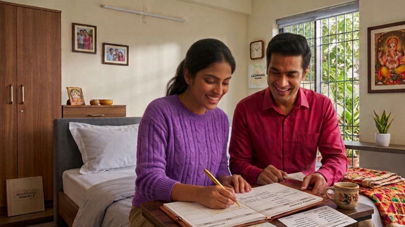 दोनों काम करते हैं — तो घर का काम कौन करेगा
couple weekly ghar ke kaam ka plan bana rahe hain
