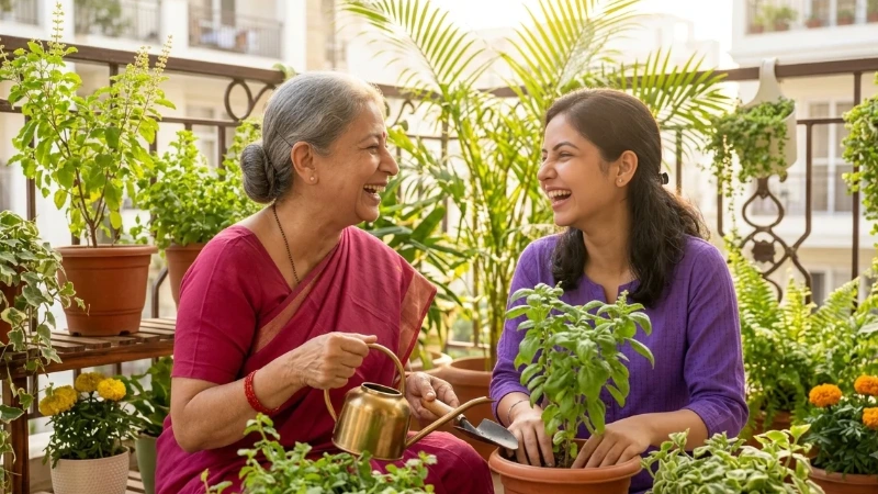 saas aur bahu garden mein saath mein paudhe lagate hue