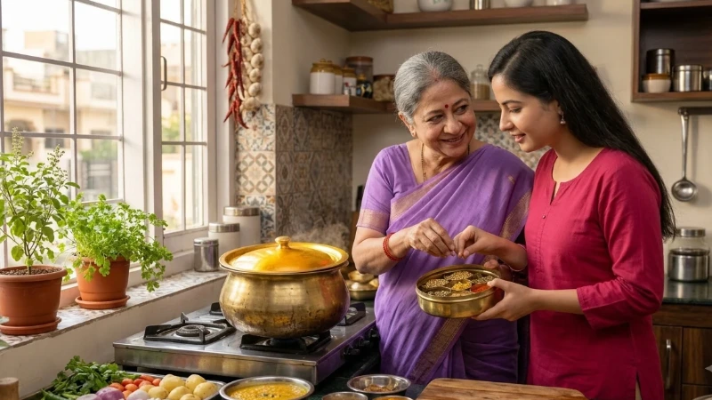 saas aur bahu kitchen mein saath mein khana banate hue